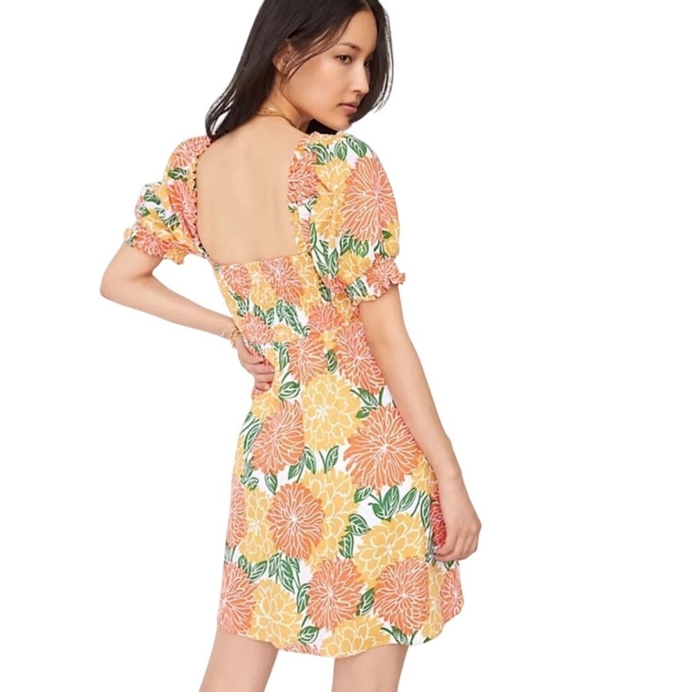 House of Harlow 1960 Floral Smocked Puff Sleeve Mini Dress Orange Yellow Green L